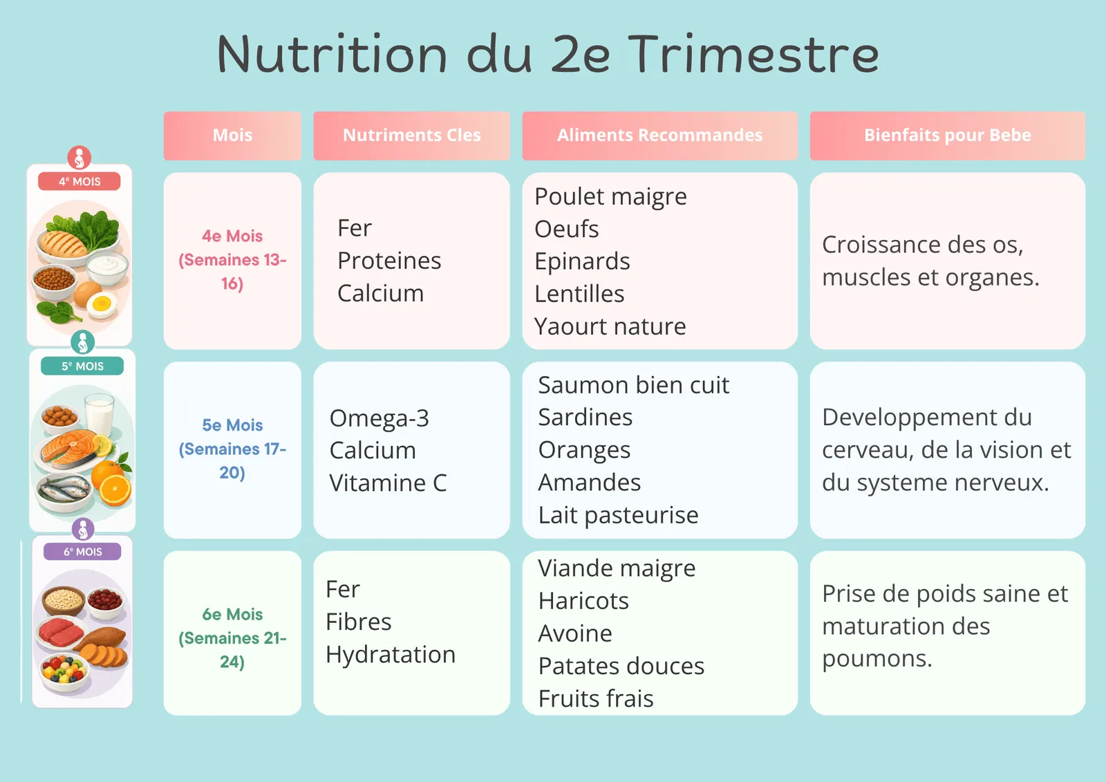 Nutrition au 2e trimestre de grossesse : nutriments clés et aliments à privilégier
