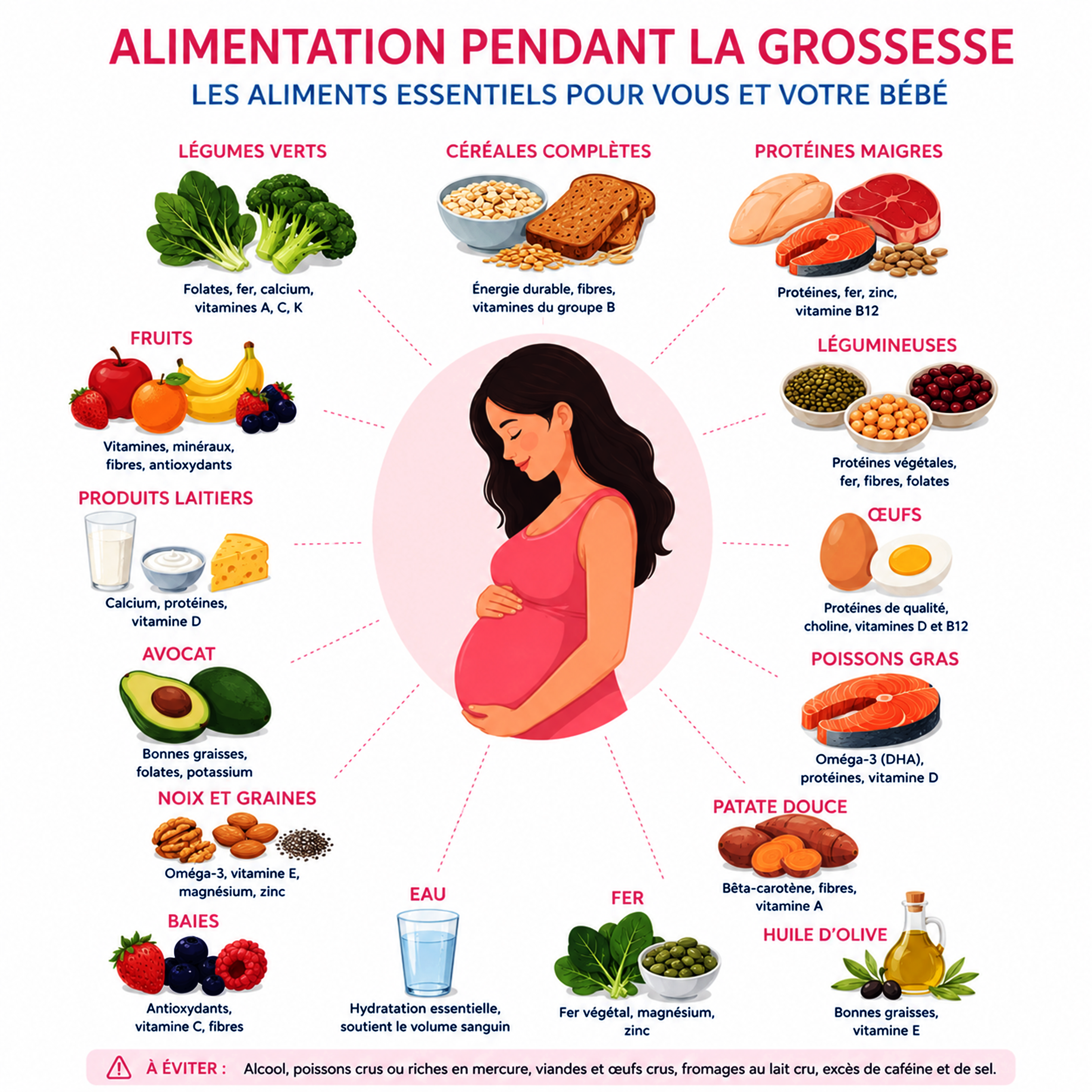 Infographie des aliments à éviter, limiter et privilégier pendant la grossesse